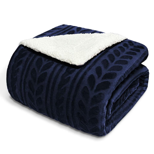 Exclusivo Mezcla Queen Size Sherpa Fleece Bed Blanket, Reversible Velvet Warm Blankets for Bed Couch Sofa, 90x90 Inches, Navy Blue