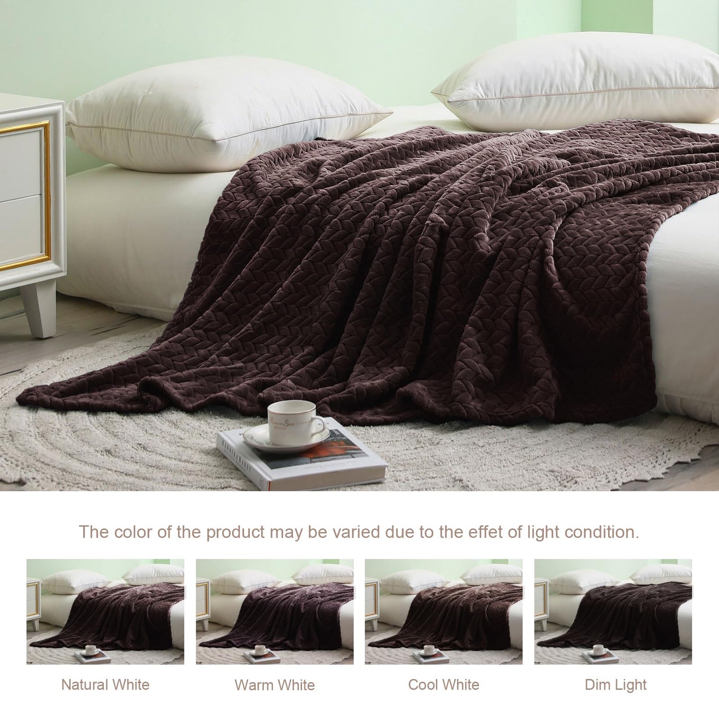 Exclusivo Mezcla Fleece Twin Size Blanket for Bed, 60x80 Inches Soft Cozy Jacquard Flannel Blankets, Lightweight Fuzzy Plush Warm for Women, Coffee