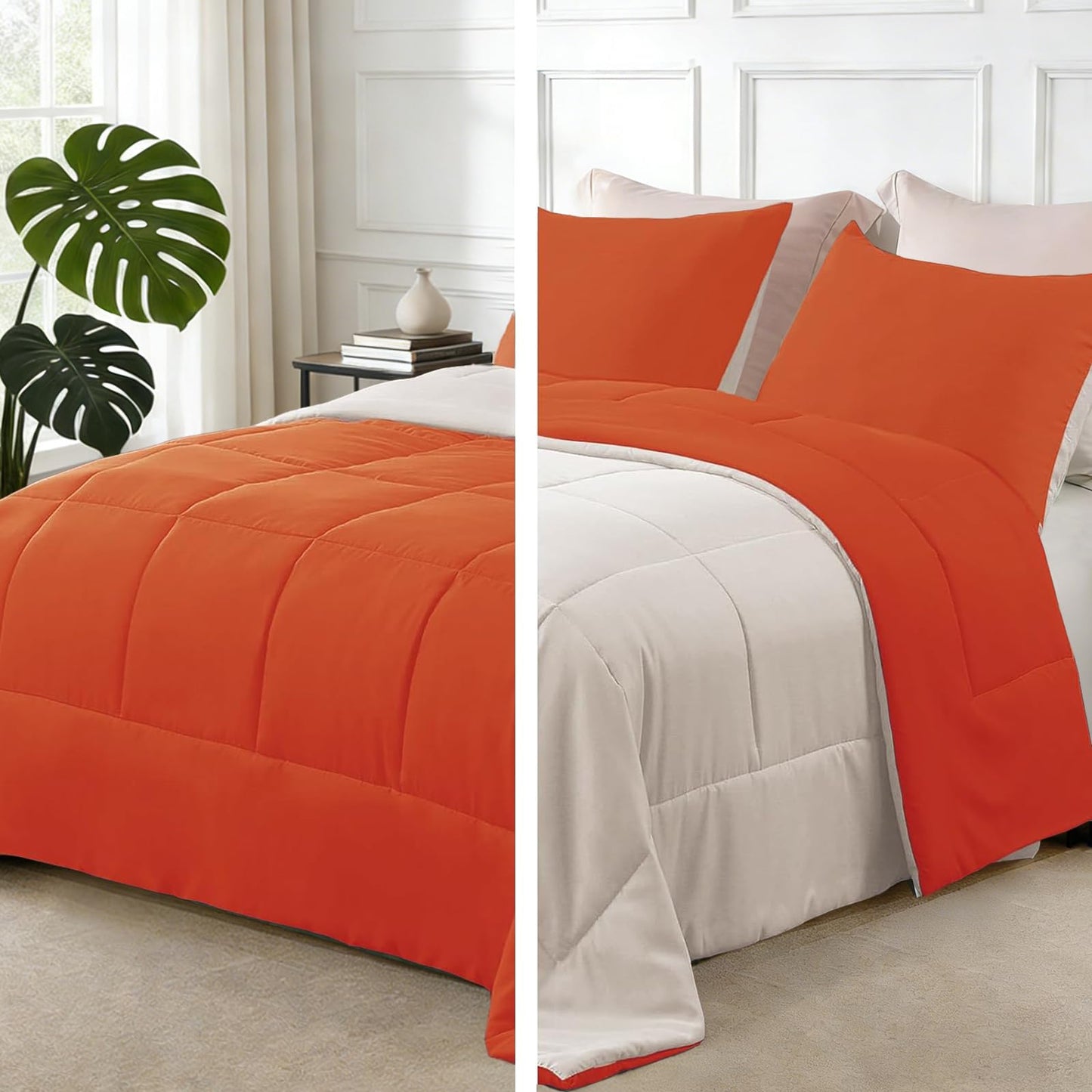 Exclusivo Mezcla Lightweight Reversible 3-Piece Comforter Set All Seasons, Down Alternative Comforter with 2 Pillow Shams, California King Size, Burnt Orange/Brich Beige