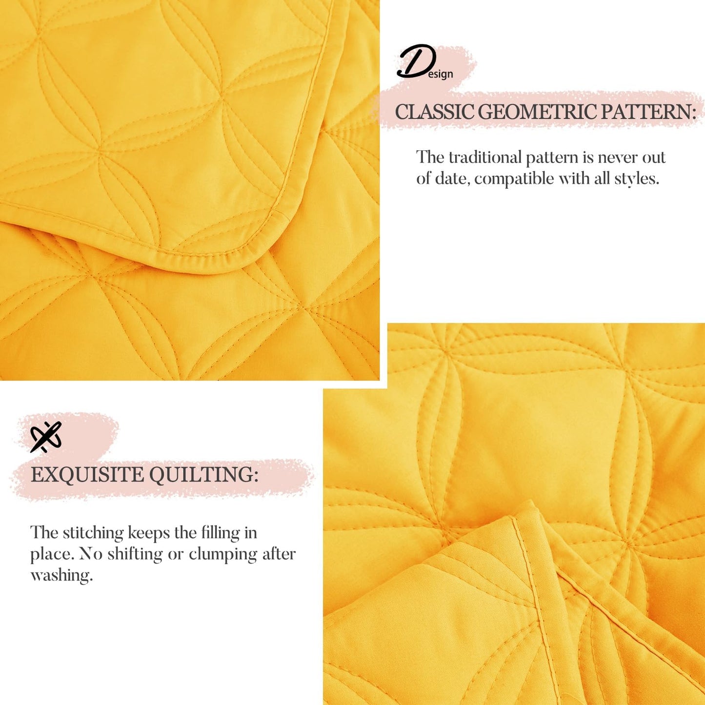 Exclusivo Mezcla Bed Quilt Set King Size for All Season, Stitched Pattern Quilted Bedspread/ Bedding Set/ Coverlet with 2 Pillow shams, Lightweight and Soft, Yellow