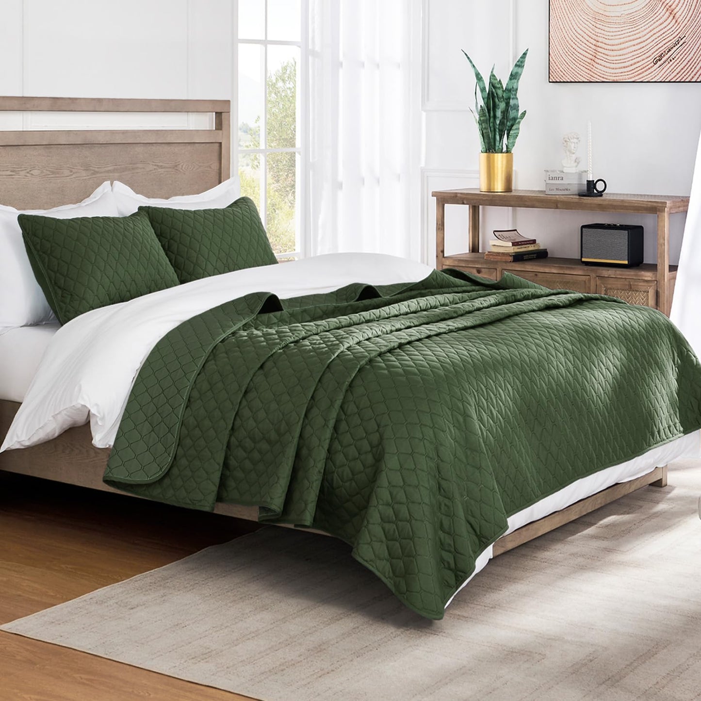 Exclusivo Mezcla Reversible California King Size Quilt Bedding Set with Pillow Shams, Lightweight Quilts Cal King Size, Soft Bedspreads Bed Coverlets for All Seasons - (Olive Green, 112"x104")