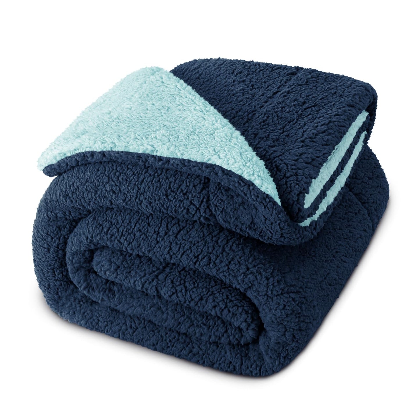 Exclusivo Mezcla Reversible Queen Size Sherpa Blanket, Thick and Warm Fleece Blankets for Winter, Soft Plush Fluffy for Bed, 90x90 Inches, Navy/ Light Blue
