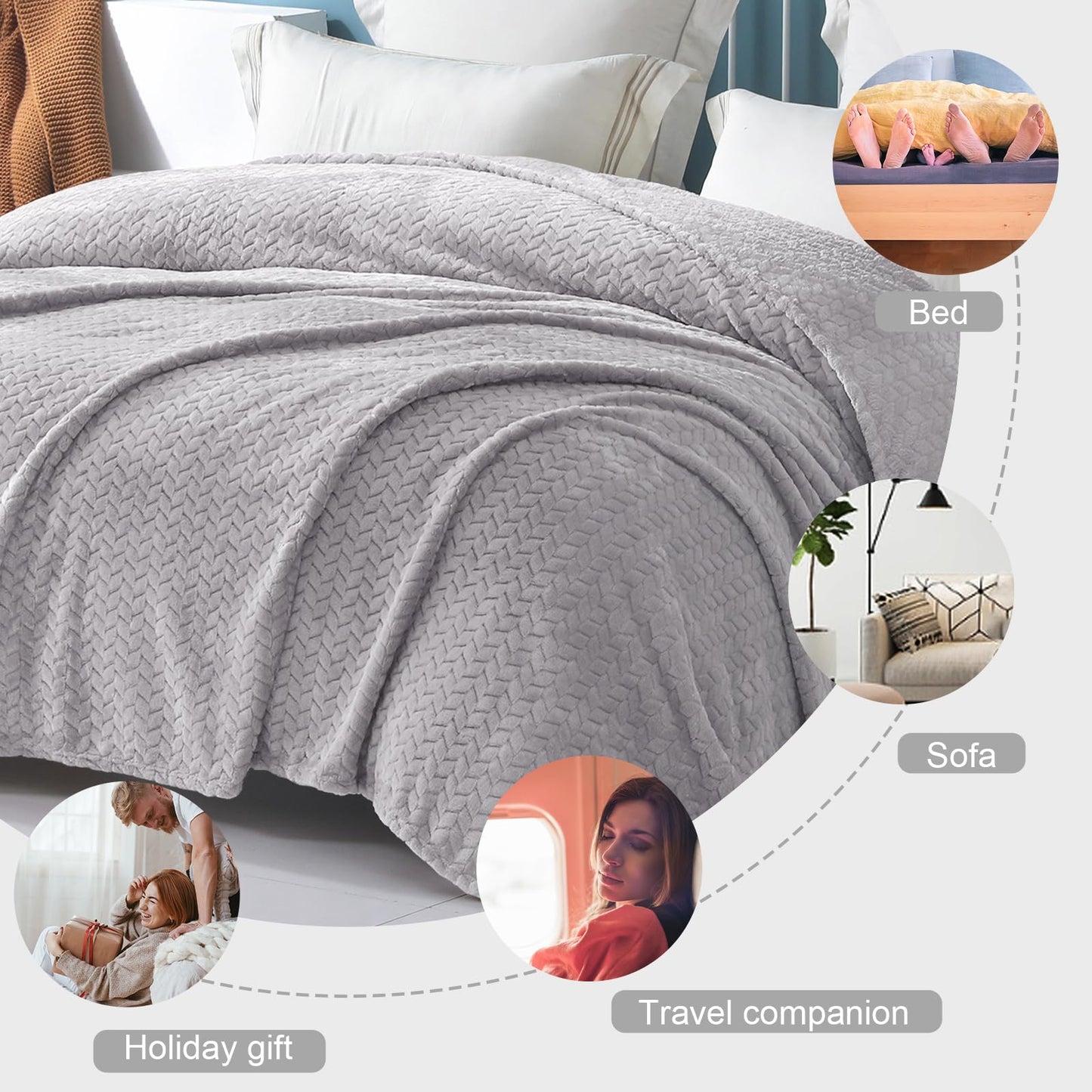 Exclusivo Mezcla Fleece Twin Size Blanket for Bed, 60x80 Inches Soft Cozy Jacquard Flannel Blankets, Lightweight Fuzzy Plush Warm for Women, Light Grey