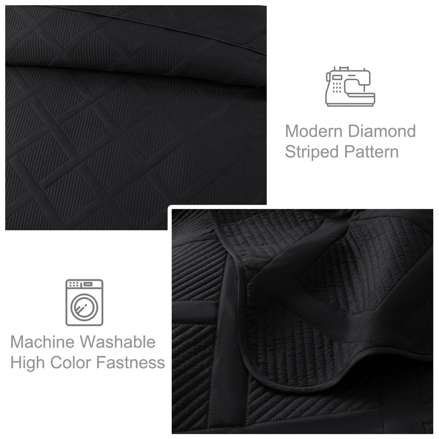 Exclusivo Mezcla Twin Size Quilt Set with Modern Striped Pattern, 2 Pieces Lightweight Black Quilts Bedding Set, Soft Bedspreads Coverlets for All Seasons