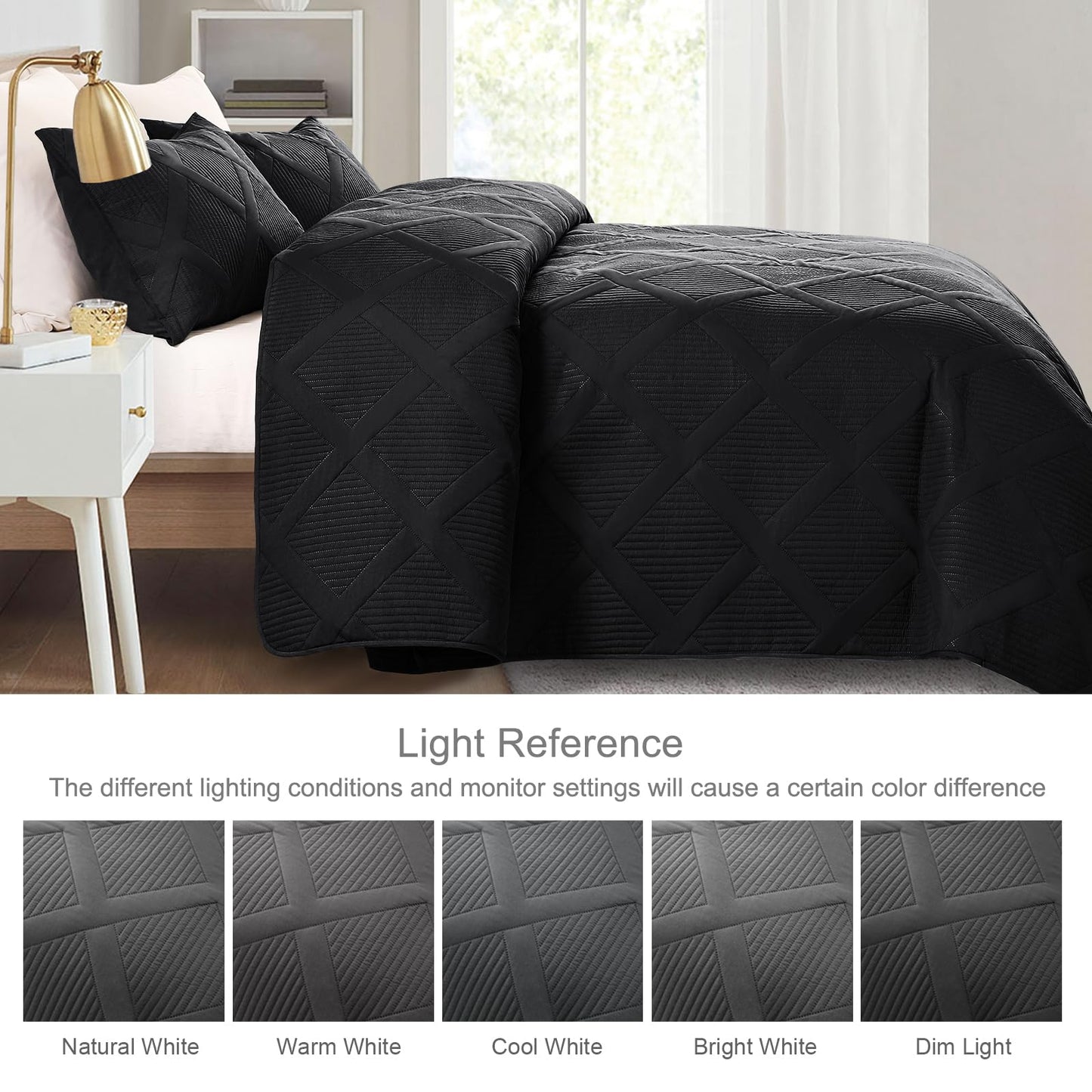 Exclusivo Mezcla King Size Quilt Set with Modern Striped Pattern, 3 Pieces Lightweight Black Quilts Bedding Set, Soft Bedspreads Coverlets for All Seasons