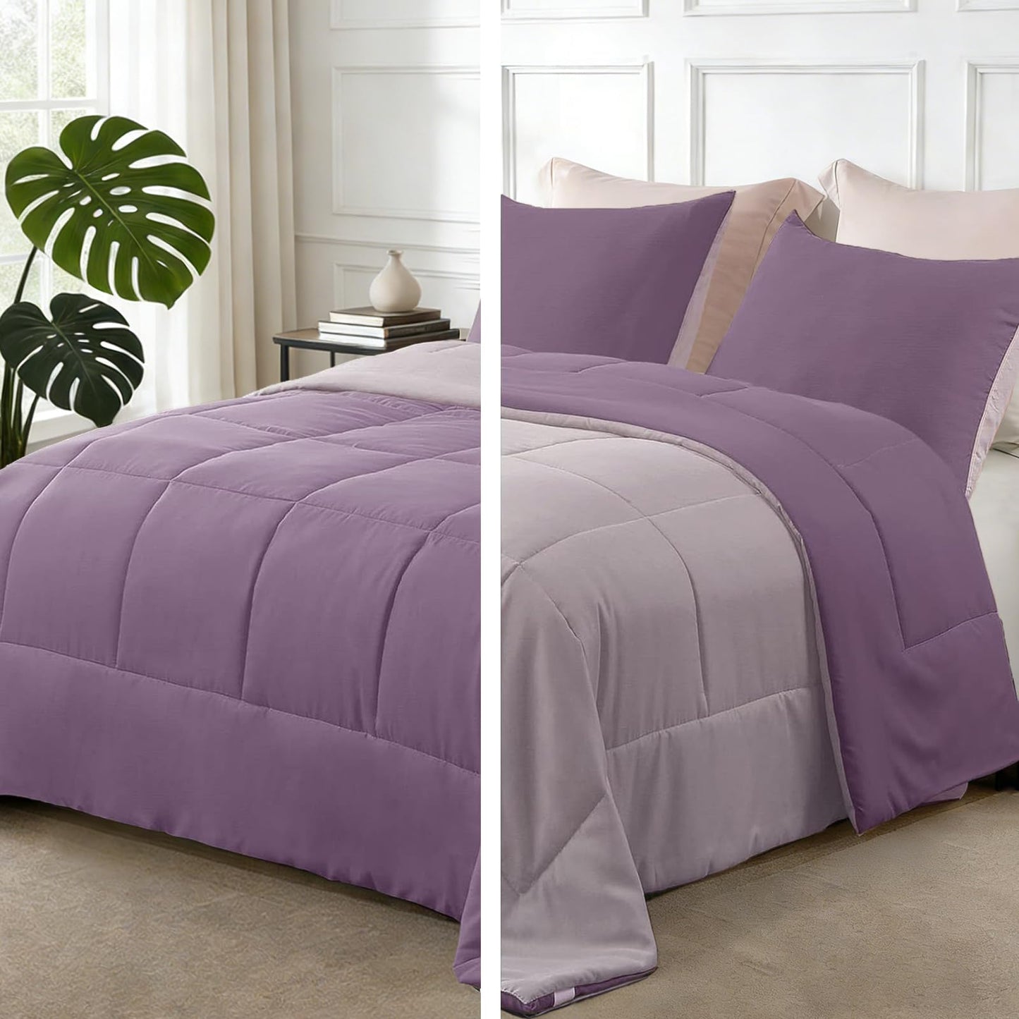 Exclusivo Mezcla Lightweight Reversible 3-Piece Comforter Set All Seasons, Down Alternative Comforter with 2 Pillow Shams, Oversized King Size, Dusty Lavender/Lilac Ash