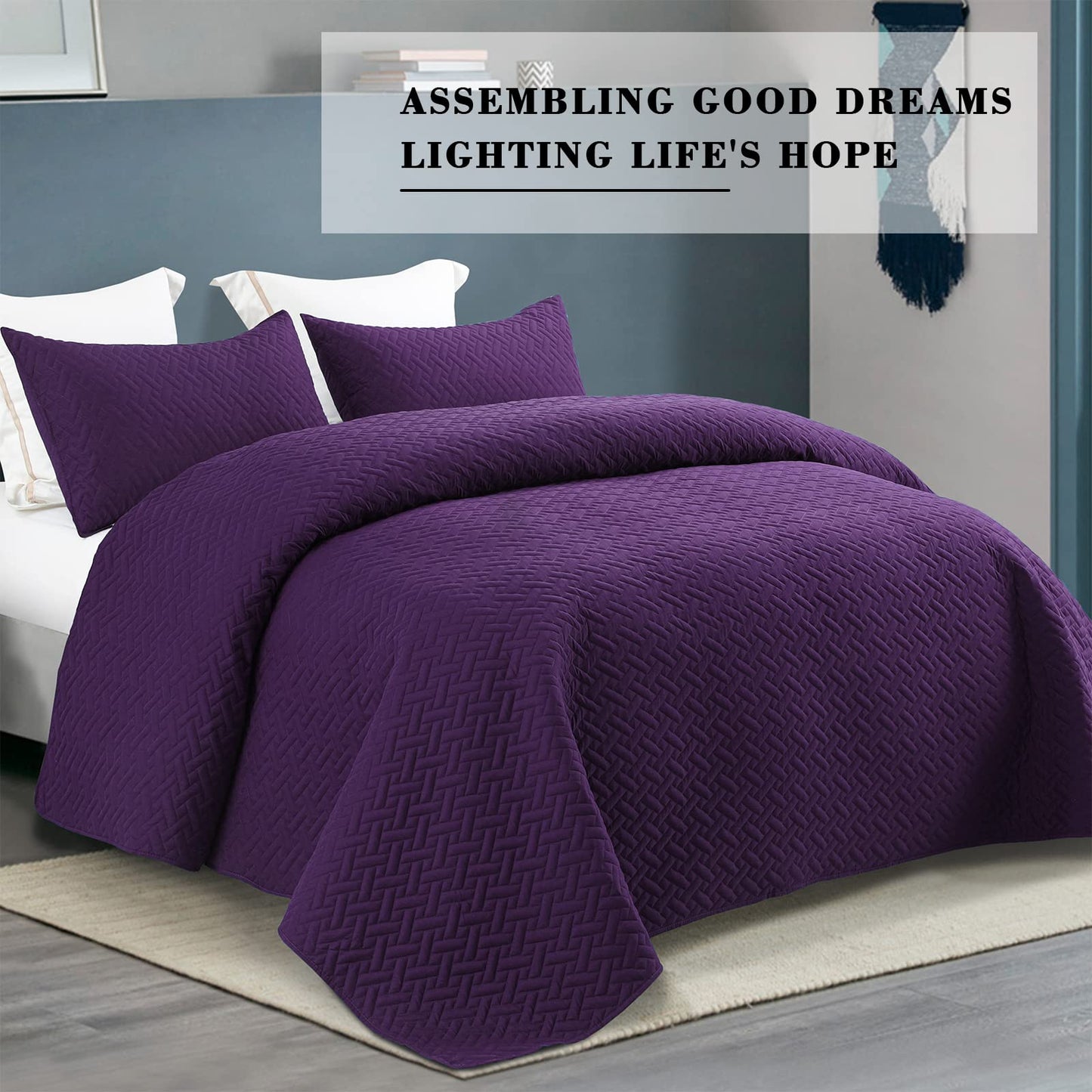 Exclusivo Mezcla 3-Piece Queen Size Quilt Set with Pillow Shams, Basket Quilted Bedspread/Coverlet/Bed Cover(96x90 Inches, Purple) -Soft, Lightweight and Reversible