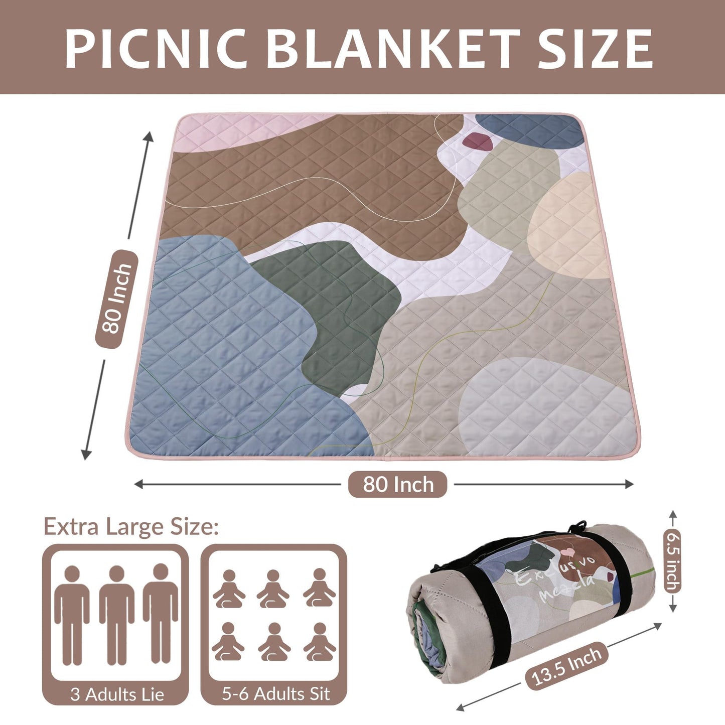 Exclusivo Mezcla Waterproof Picnic Blankets 3-Layer 80"x 80" Large Sandproof Beach Blanket Foldable Outdoor Blanket for Camping on Grass Picnic Mat, Abstract Brown
