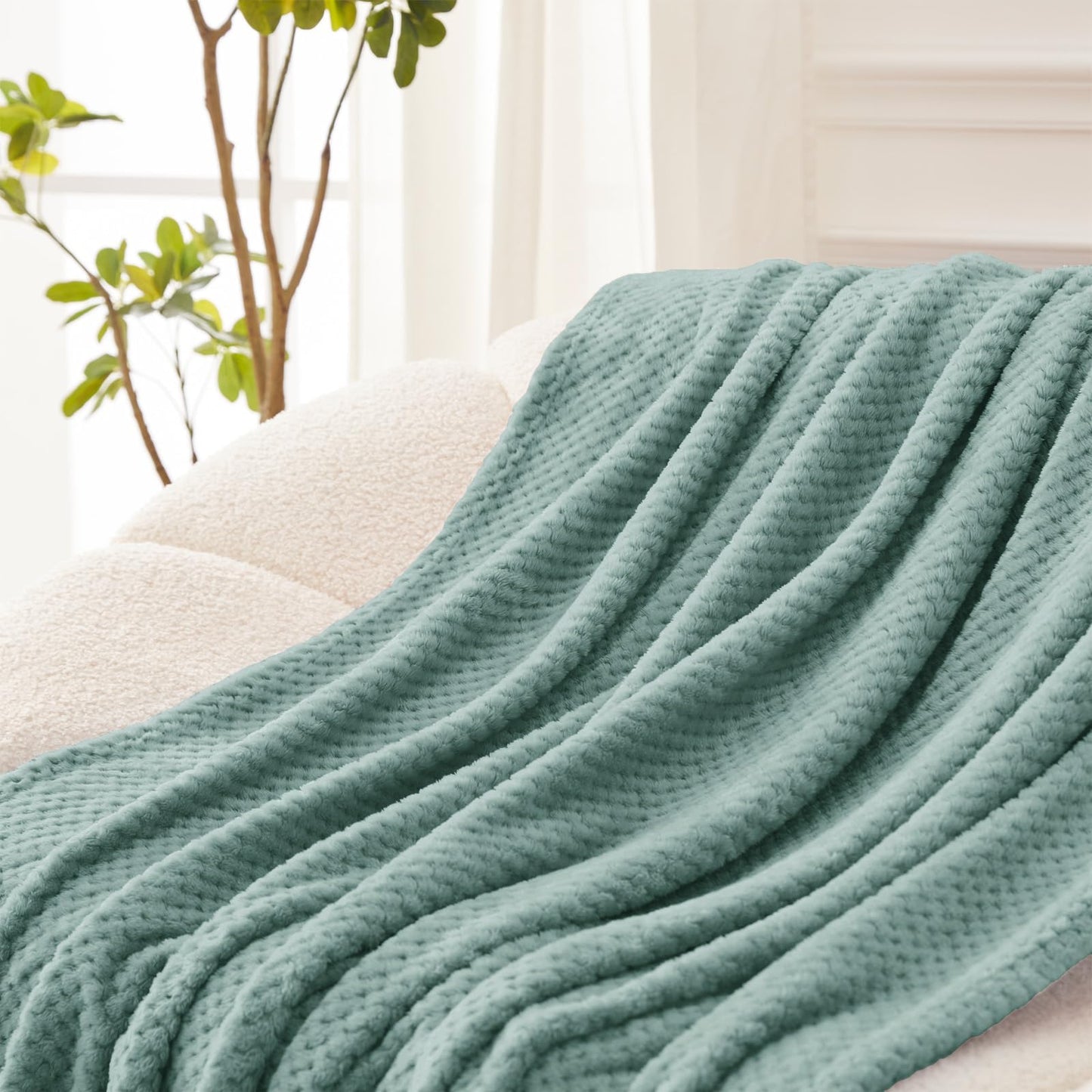 Exclusivo Mezcla Waffle Textured Extra Large Fleece Blanket, Super Soft and Warm Throw Blanket for Couch, Sofa and Bed (Celadon, 50"x70")-Cozy, Fuzzy and Lightweight