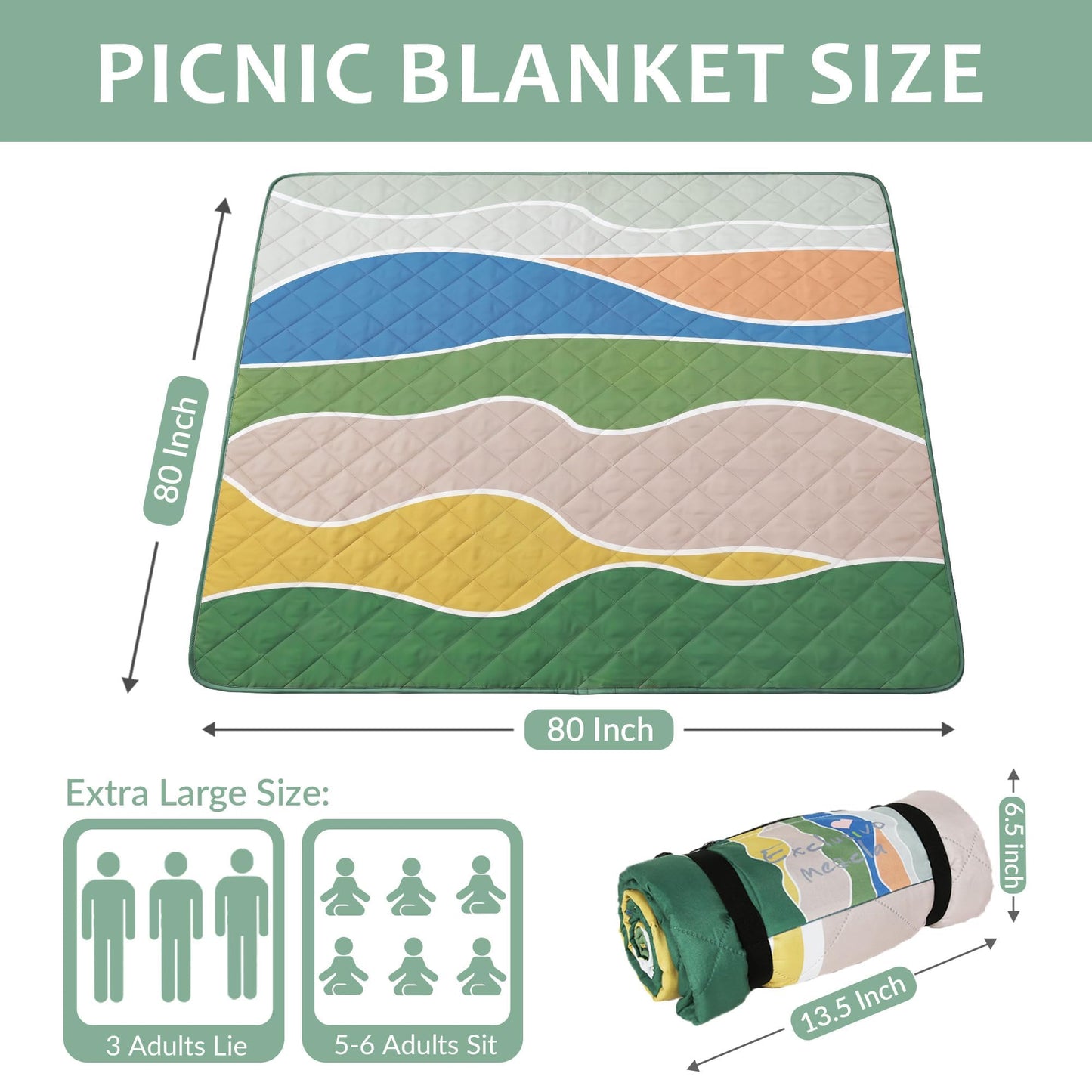 Exclusivo Mezcla Waterproof Picnic Blankets 3-Layer 80"x 80" Large Sandproof Beach Blanket Foldable Outdoor Blanket for Camping on Grass Picnic Mat, Waved Green