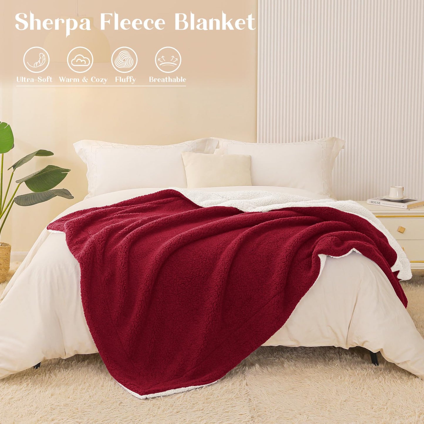 Exclusivo Mezcla Reversible Sherpa Throw Blanket for Couch, Thick and Warm Fleece Blankets for Winter, Soft Plush Fluffy, 50x60 Inches, Burgundy/ Ivory