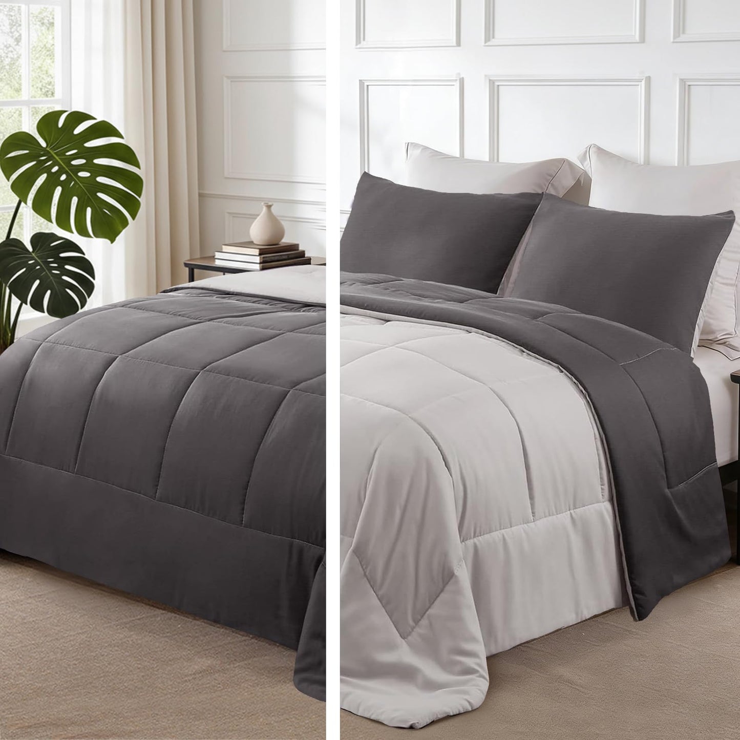 Exclusivo Mezcla Lightweight Reversible 3-Piece Comforter Set All Seasons, Down Alternative Comforter with 2 Pillow Shams, California King Size, Grey