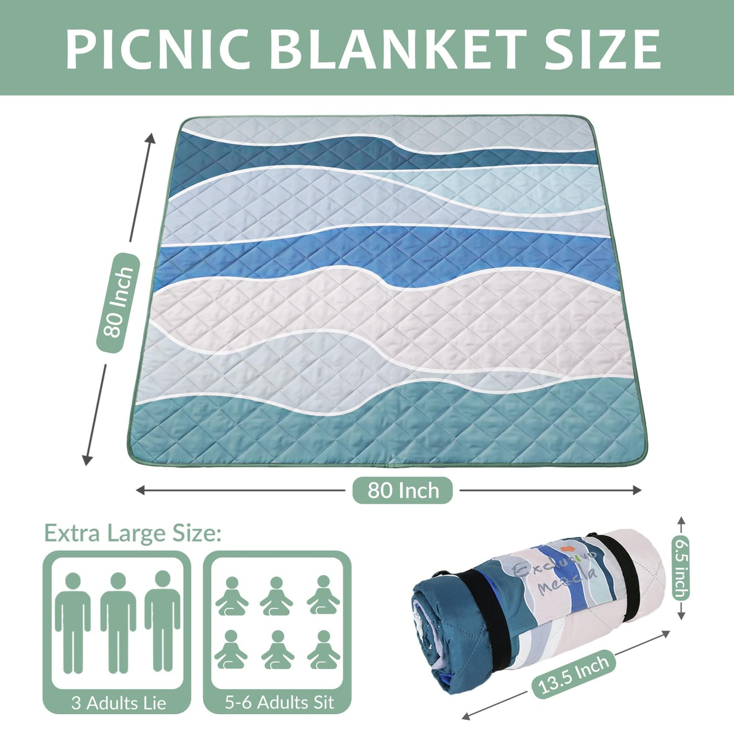 Exclusivo Mezcla Waterproof Picnic Blankets 3-Layer 80"x 80" Large Sandproof Beach Blanket Foldable Outdoor Blanket for Camping on Grass Picnic Mat, Waved Blue