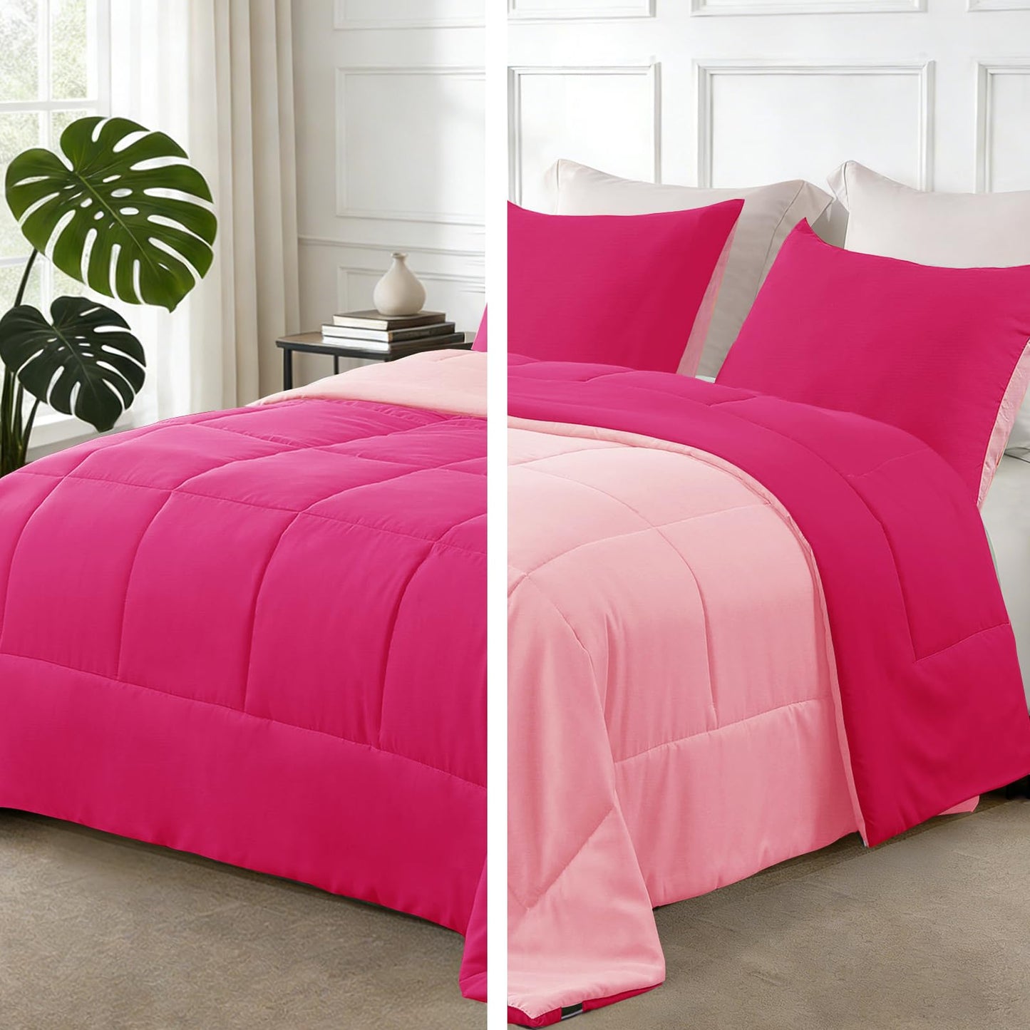 Exclusivo Mezcla Lightweight Reversible 3-Piece Comforter Set All Seasons, Down Alternative Comforter with 2 Pillow Shams, Oversized Queen Size, Hot Pink/Blush Pink