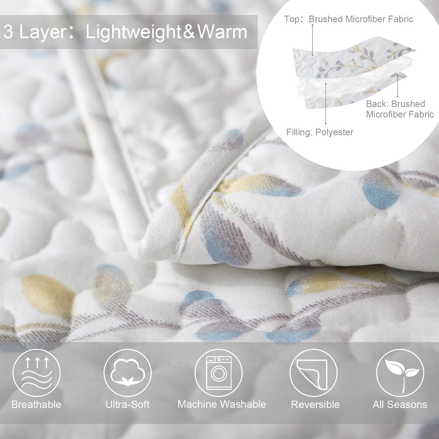 Exclusivo Mezcla Reversible Boho California King Quilt, White Soft Bedspreads Lightweight Coverlet All Season Flowers Quilts Bedding Set with Printed Floral Pattern (1 Quilt, 2 Pillow Shams)