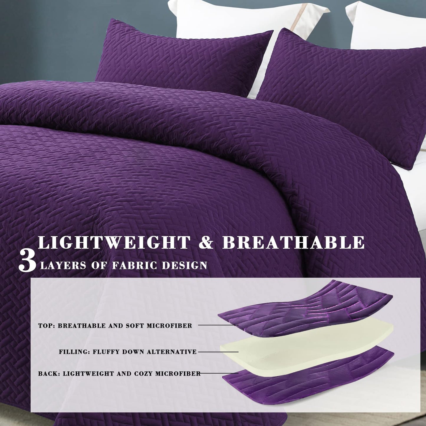 Exclusivo Mezcla 3-Piece Queen Size Quilt Set with Pillow Shams, Basket Quilted Bedspread/Coverlet/Bed Cover(96x90 Inches, Purple) -Soft, Lightweight and Reversible
