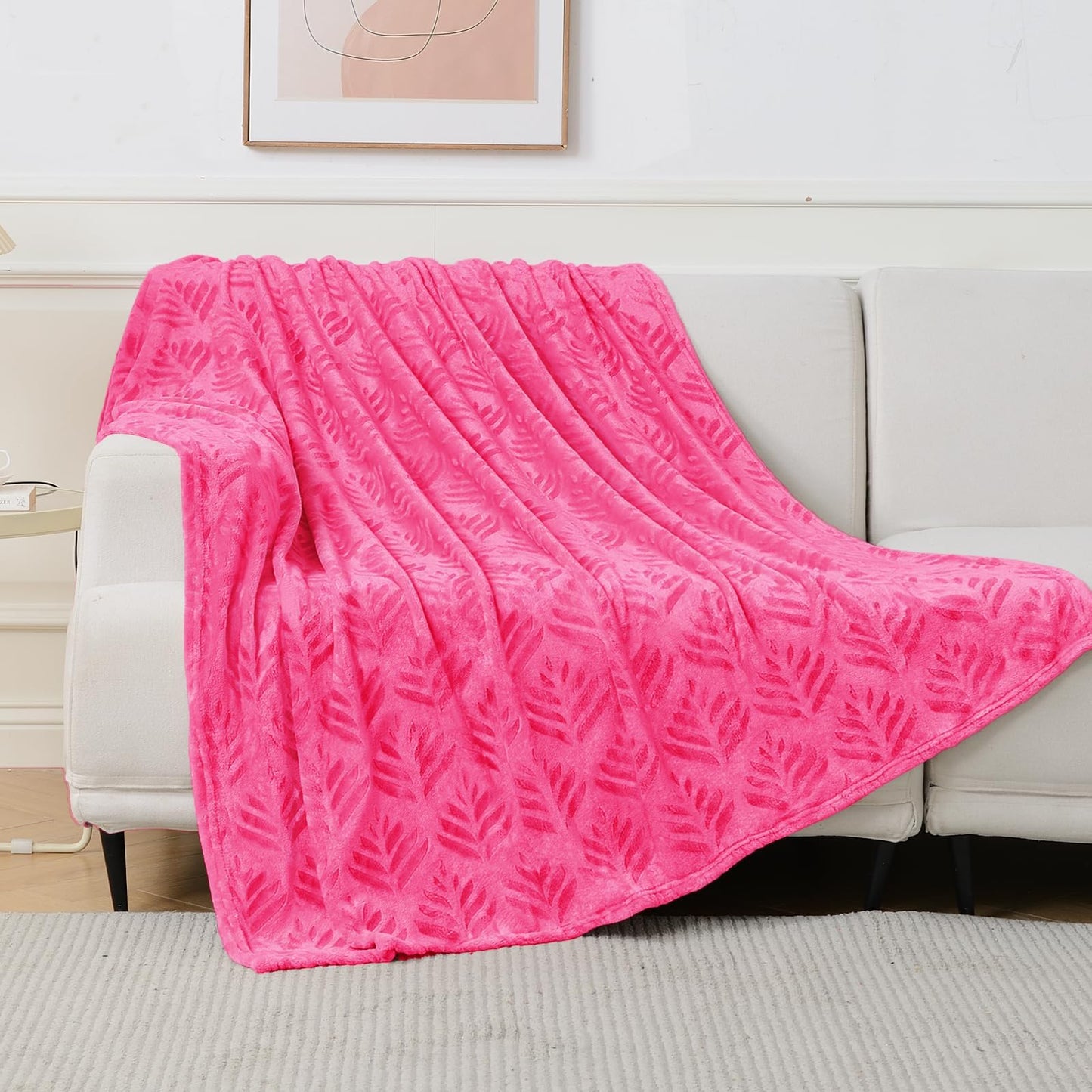 Exclusivo Mezcla Fleece Throw Blanket for Couch, Super Soft and Cozy Blankets All Season Use, Leaves Pattern, Plush Fuzzy Lightweight, Hot Pink, 50x60 Inch