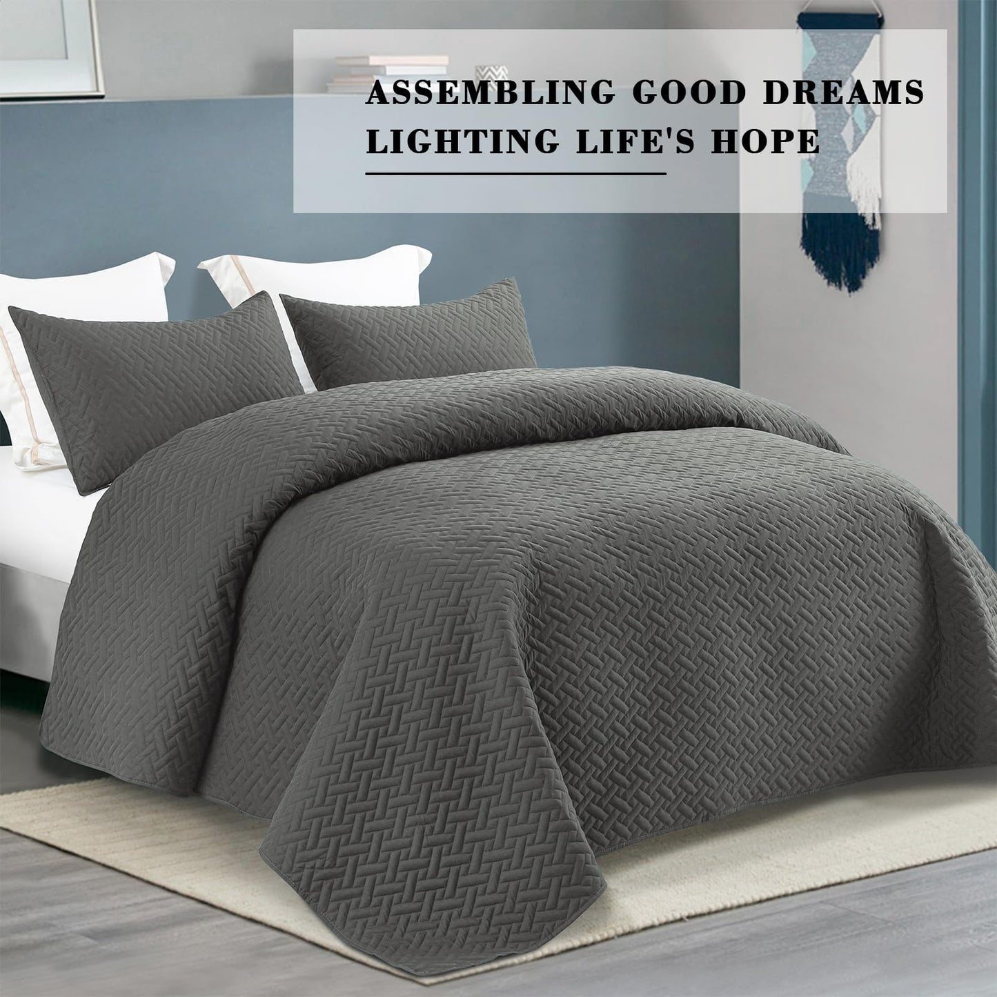 Exclusivo Mezcla 3-Piece Queen/Full Size Quilt Set with Pillow Shams, Basket Quilted Bedspread/Coverlet/Bed Cover(96x88 Inches,Dark Grey) -Soft, Lightweight and Reversible