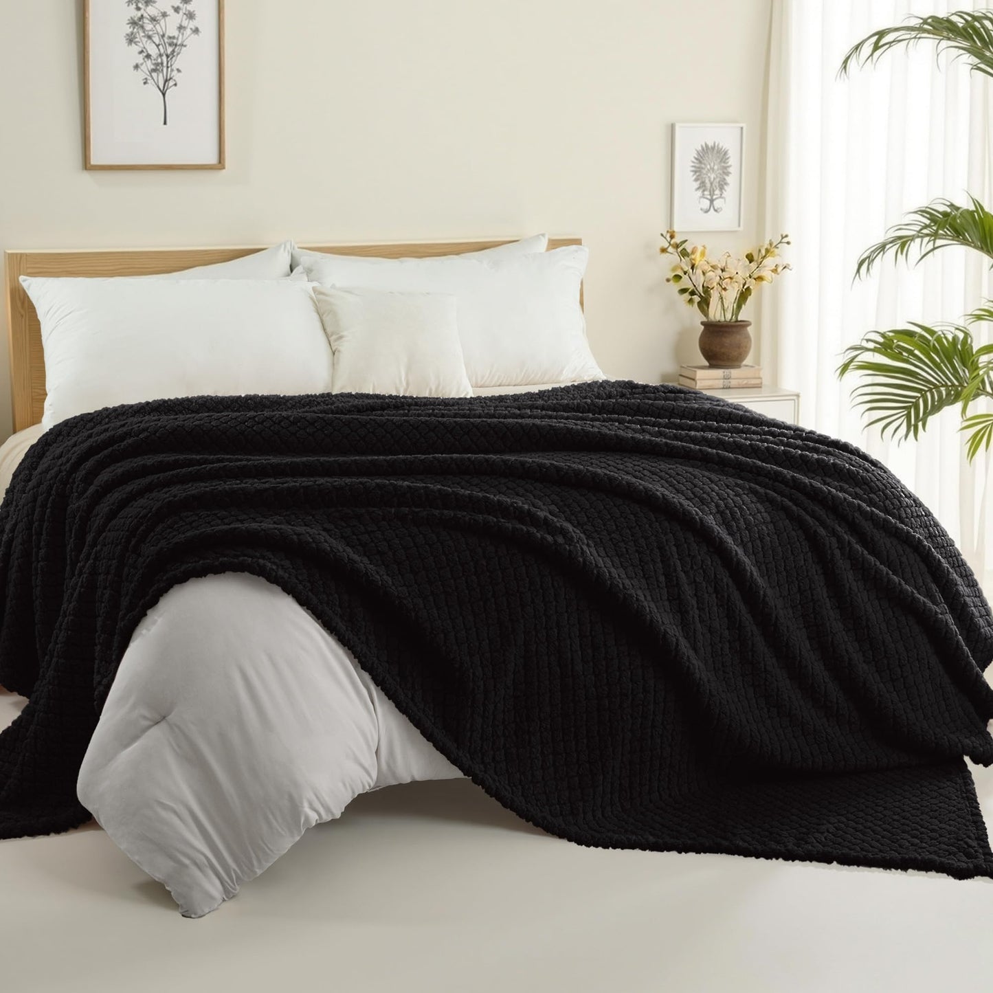 Exclusivo Mezcla Queen Size Flannel Fleece Blanket, Super Soft Jacquard Bed Blanket, Lightweight Fuzzy Warm for All Seasons, 90x90 Inches, Black