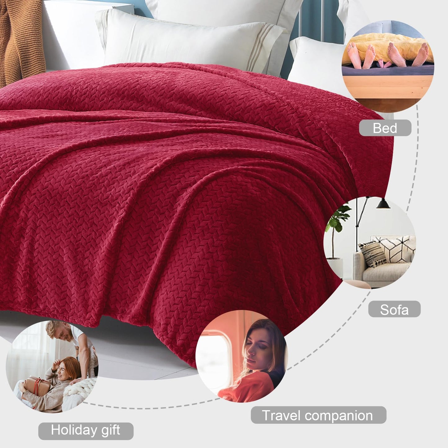 Exclusivo Mezcla Fleece Twin Size Blanket for Bed, 60x80 Inches Soft Cozy Jacquard Flannel Blankets, Lightweight Fuzzy Plush Warm for Women, Deep Red