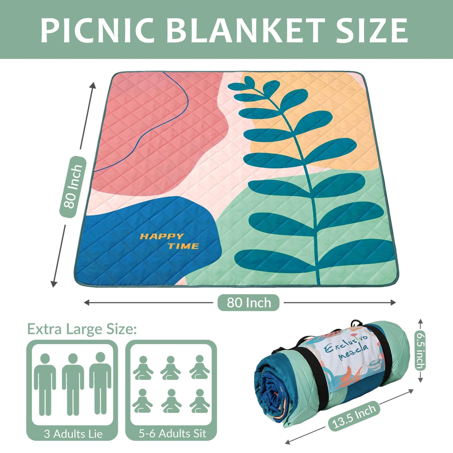 Exclusivo Mezcla Waterproof Picnic Blankets 3-Layer 80"x 80" Large Sandproof Beach Blanket Foldable Outdoor Blanket for Camping on Grass Picnic Mat, Green Leaf