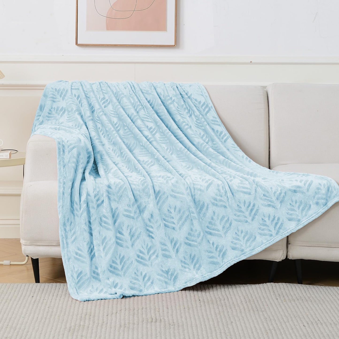 Exclusivo Mezcla Queen Size Fleece Blanket for Bed, Leaves Pattern Super Soft and Cozy Blankets, Plush Fuzzy Lightweight, Ice Blue, 90"x90"