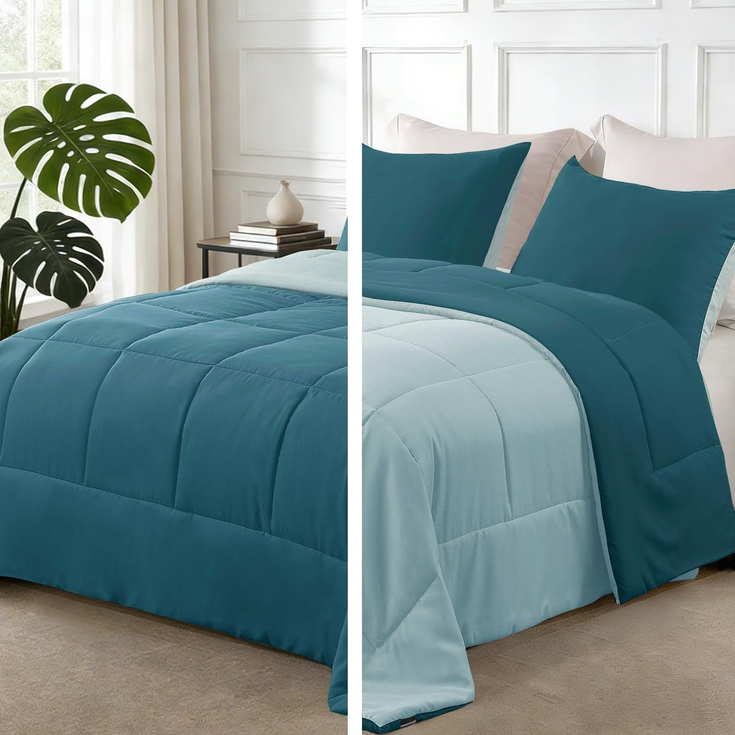 Exclusivo Mezcla Lightweight Reversible 3-Piece Comforter Set All Seasons, Down Alternative Comforter with 2 Pillow Shams, California King Size, Dusty Teal/Spa Blue