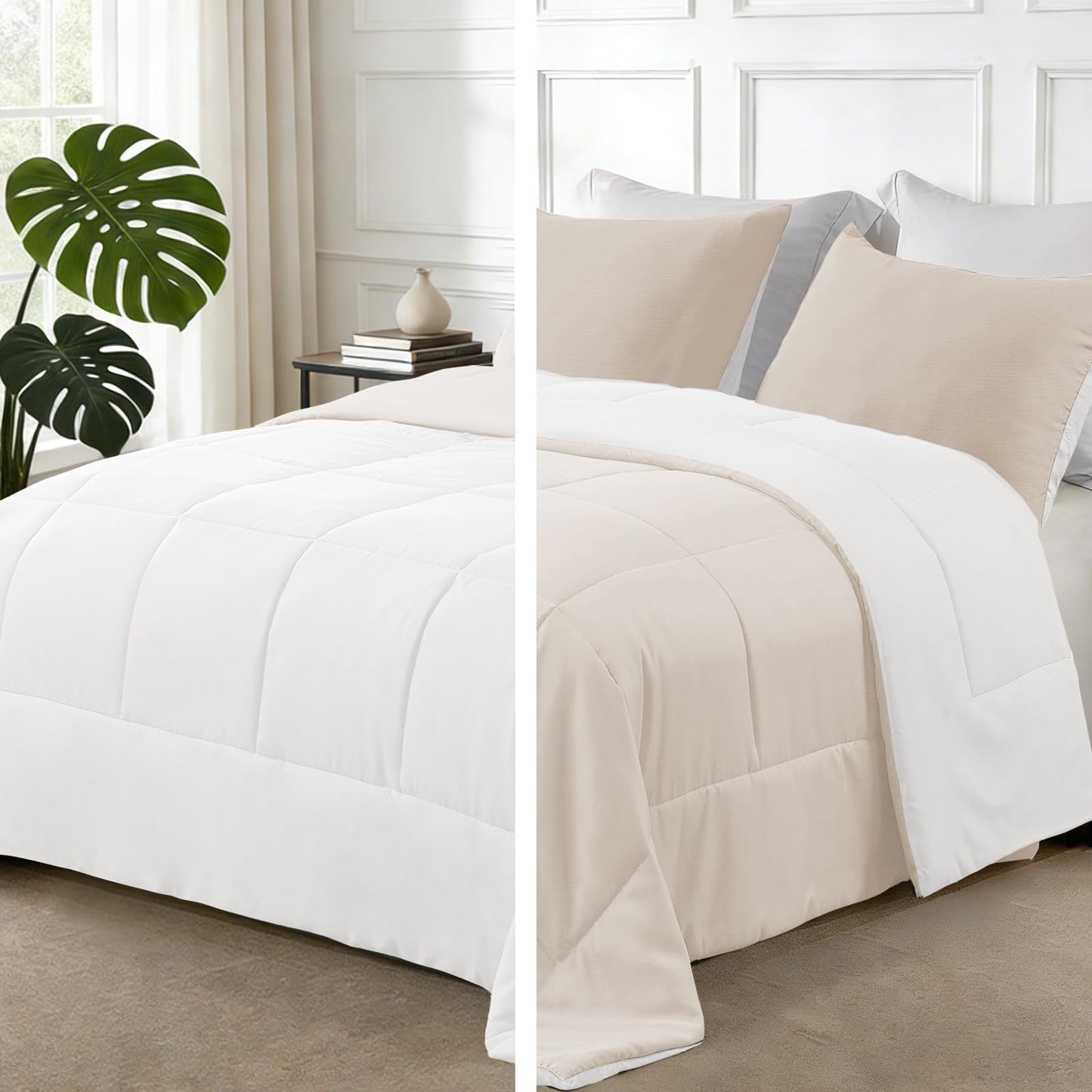 Exclusivo Mezcla Lightweight Reversible 3-Piece Comforter Set All Seasons, Down Alternative Comforter with 2 Pillow Shams, Oversized Queen Size, Beige/White
