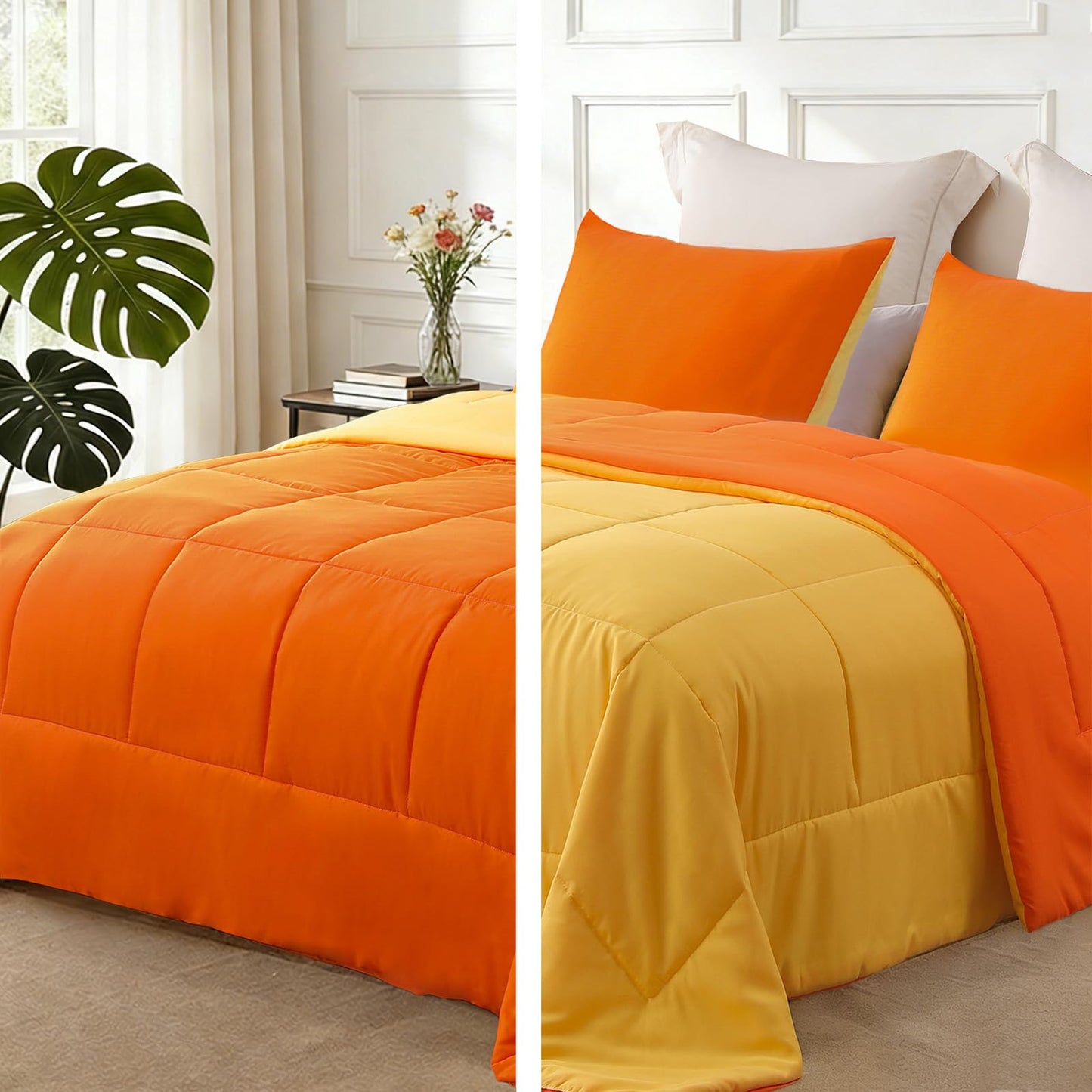 Exclusivo Mezcla Lightweight Reversible 3-Piece Comforter Set All Seasons, Down Alternative Comforter with 2 Pillow Shams, Oversized King Size, Orange/ Yellow