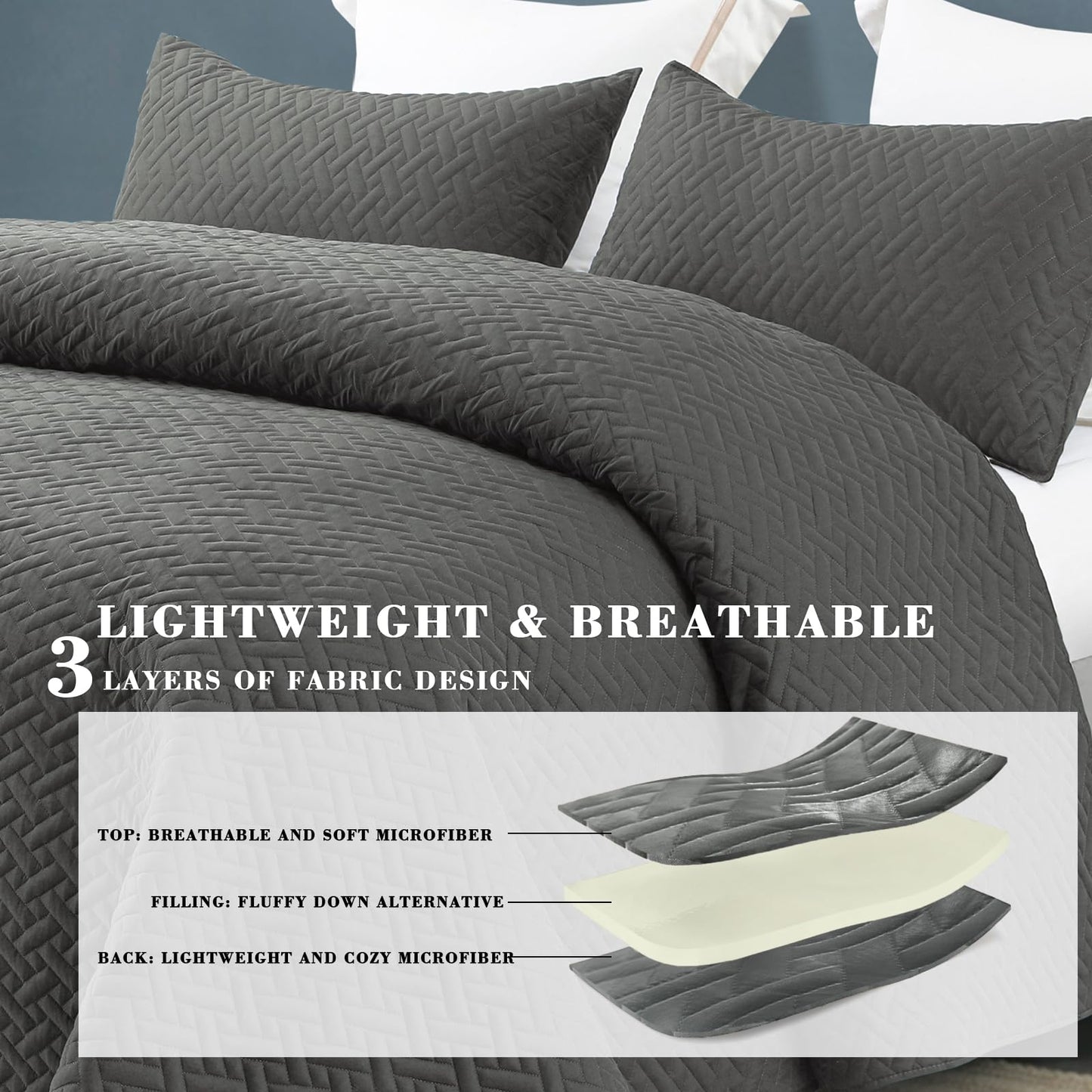 Exclusivo Mezcla 3-Piece Queen/Full Size Quilt Set with Pillow Shams, Basket Quilted Bedspread/Coverlet/Bed Cover(96x88 Inches,Dark Grey) -Soft, Lightweight and Reversible