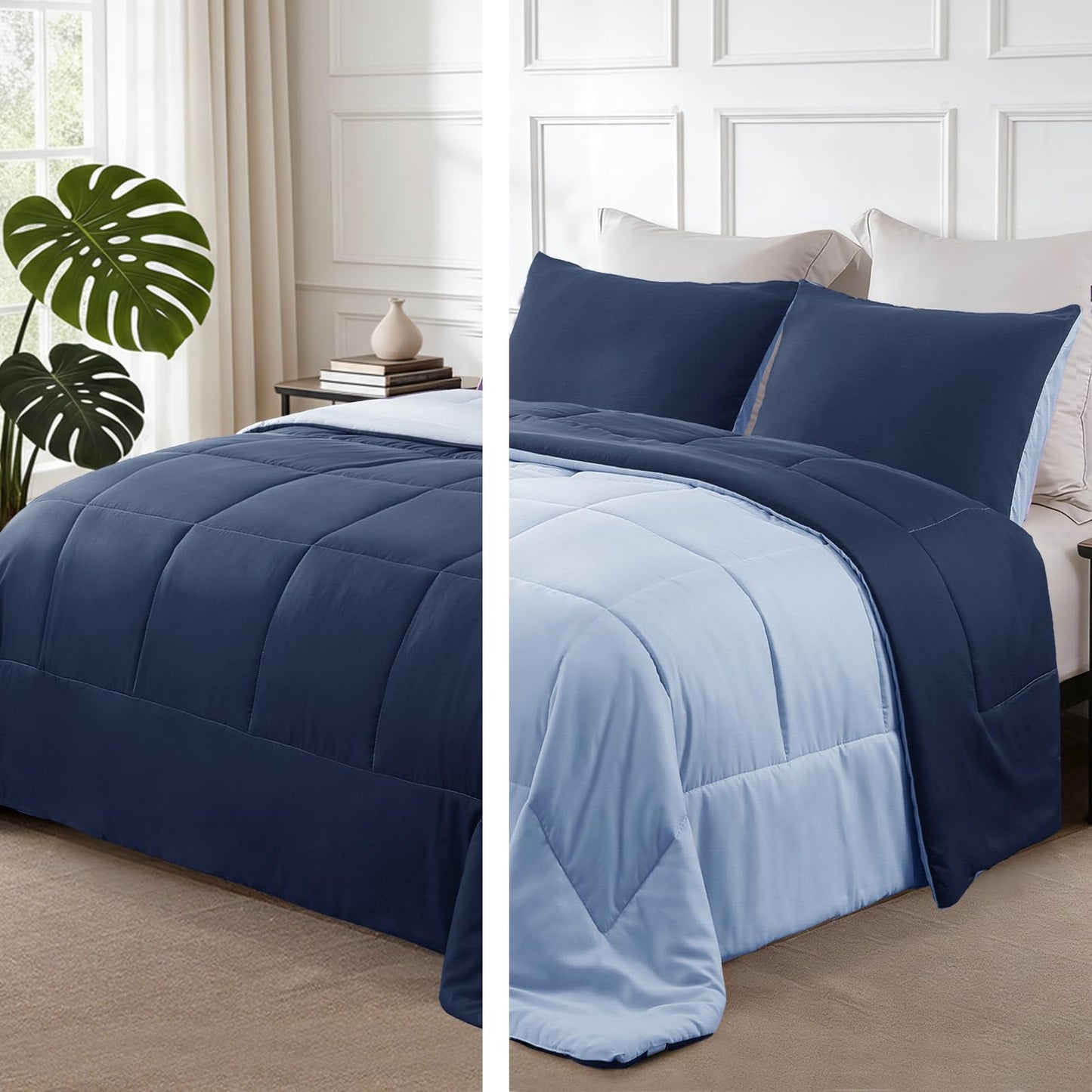 Exclusivo Mezcla Lightweight Reversible 3-Piece Comforter Set All Seasons, Down Alternative Comforter with 2 Pillow Shams, Oversized King Size, Navy/ Blue