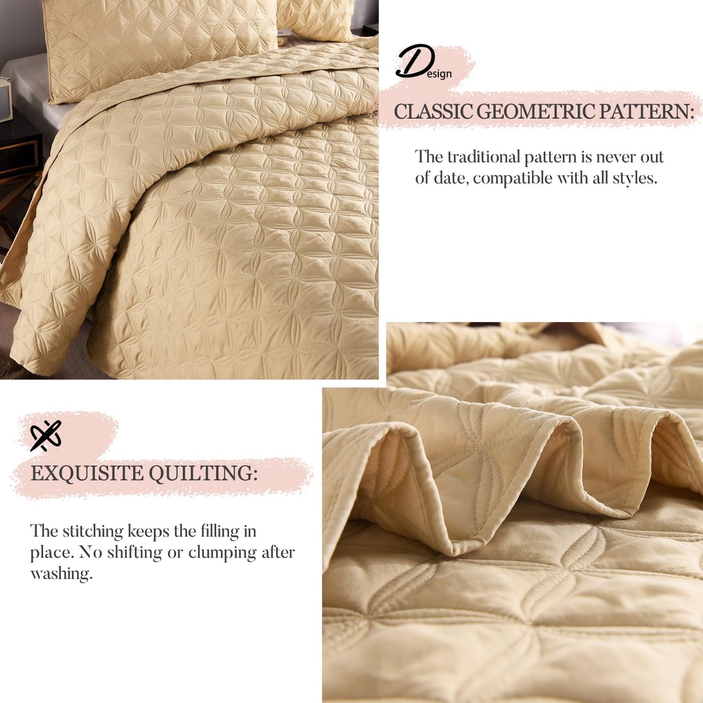 Exclusivo Mezcla Bed Quilt Set King Size for All Seasons, Stitched Pattern Quilted Bedspread/ Bedding Set/ Coverlet with 2 Pillow shams, Lightweight and Soft, Camel