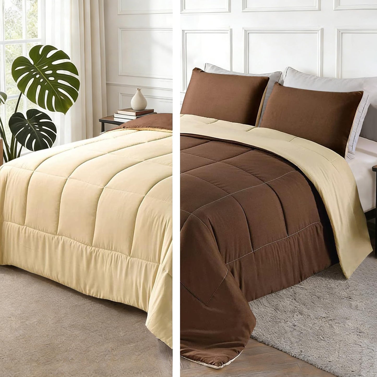 Exclusivo Mezcla Lightweight Reversible 3-Piece Comforter Set All Seasons, Down Alternative Comforter with 2 Pillow Shams, California King Size, Brown/ Khaki
