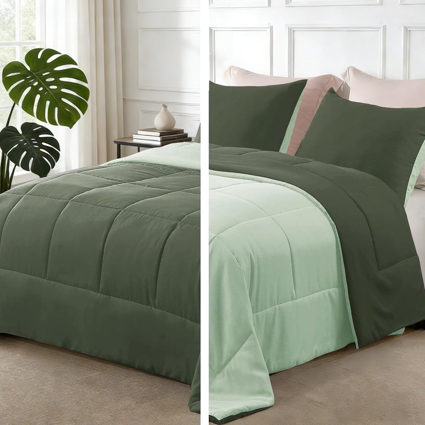 Exclusivo Mezcla Lightweight Reversible 3-Piece Comforter Set All Seasons, Down Alternative Comforter with 2 Pillow Shams, Oversized Queen Size, Emerald/Mint