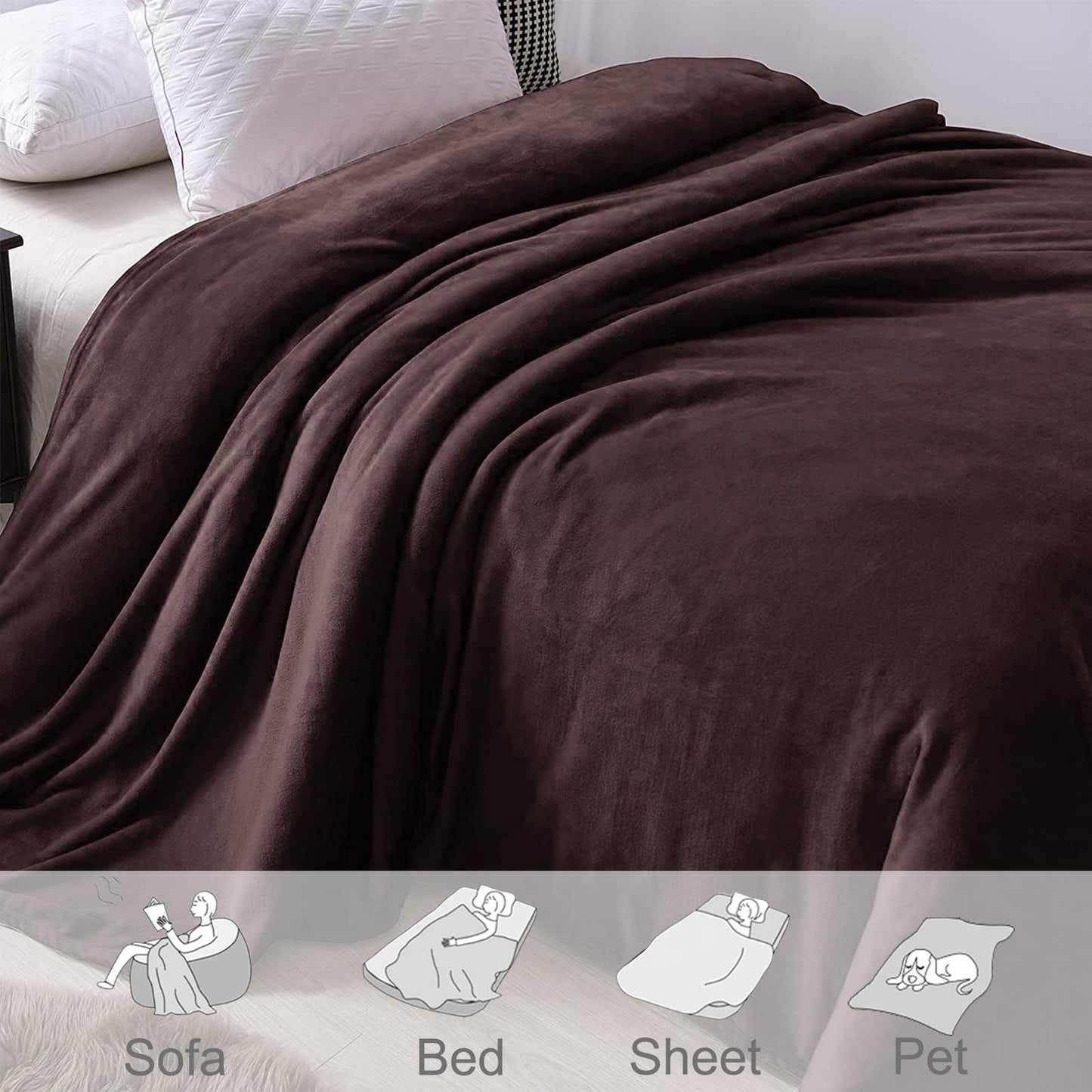 Exclusivo Mezcla Queen Size Flannel Fleece Velvet Plush Bed Blanket as Bedspread, Coverlet, Bed Cover (90x90 inches, Coffee) Soft, Lightweight, Warm and Cozy