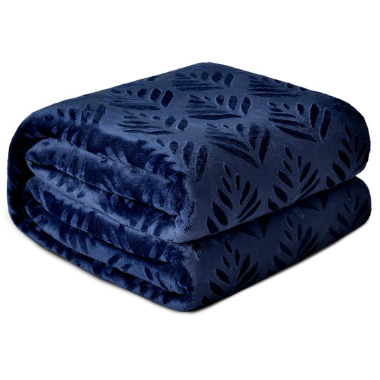 Exclusivo Mezcla Queen Size Fleece Blanket for Bed, Super Soft and Cozy Blankets All Season Use, Leaves Pattern, Plush Fuzzy Lightweight, Navy Blue, 90x90 Inch