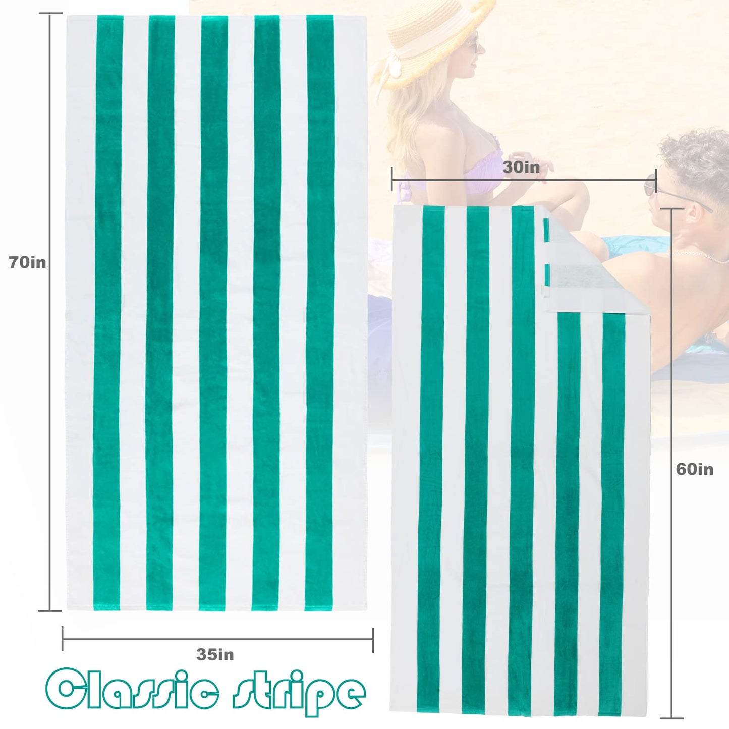 Exclusivo Mezcla Cotton Large 30x60 Inches Cabana Stripe Beach Towel, Super Absorbent Soft Plush Pool Bath Towel (Turquoise)