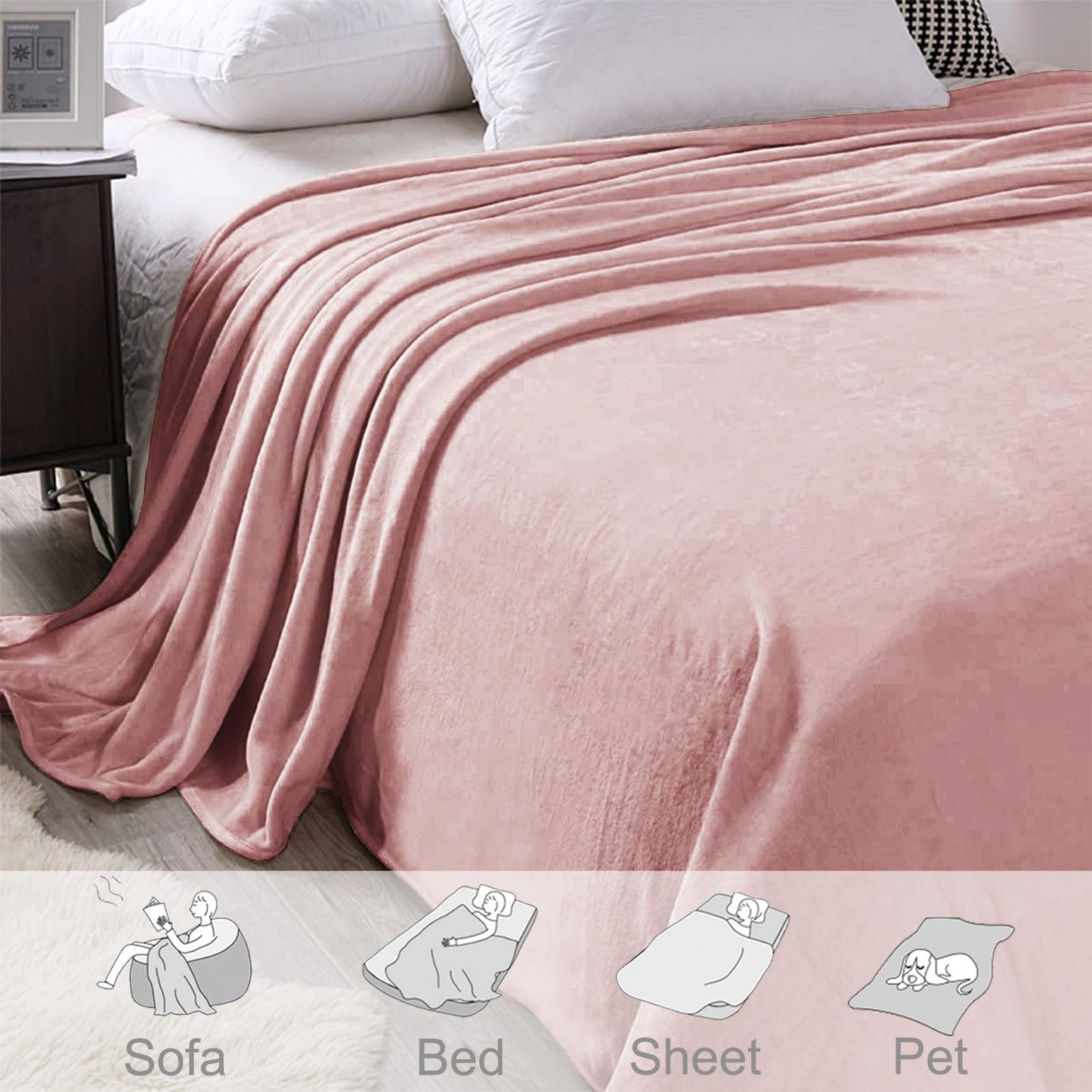 Exclusivo Mezcla Twin Size Flannel Fleece Velvet Plush Bed Blanket as Bedspread, Coverlet, Bed Cover (60"x80", Pink)