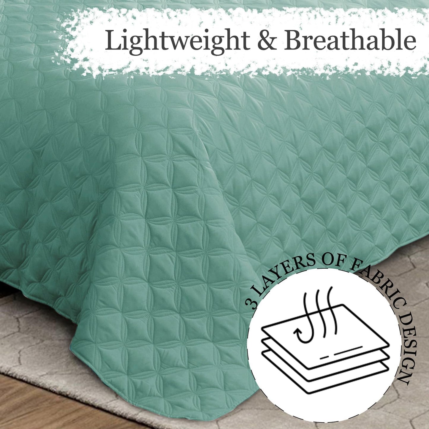Exclusivo Mezcla Bed Quilt Set King Size for All Seasons, Stitched Pattern Quilted Bedspread/ Bedding Set/ Coverlet with 2 Pillow shams, Lightweight and Soft, Turquoise
