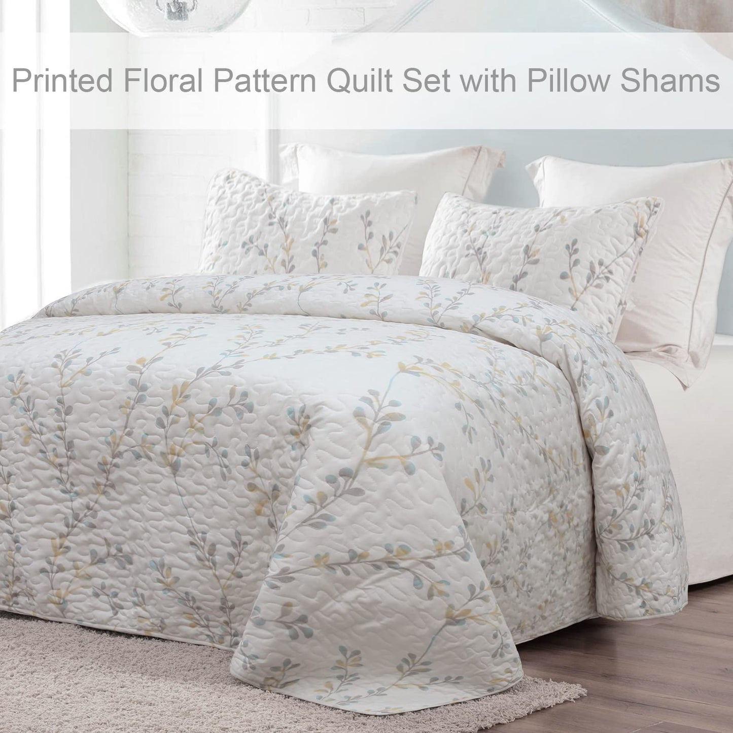 Exclusivo Mezcla Microfiber Queen Size Quilt Set, 3 Piece Lightweight Bedspreads/ Coverlet/ Bedding Set with 2 Pillow Shams, Gradient Floral Pattern, (96"x 92", White)