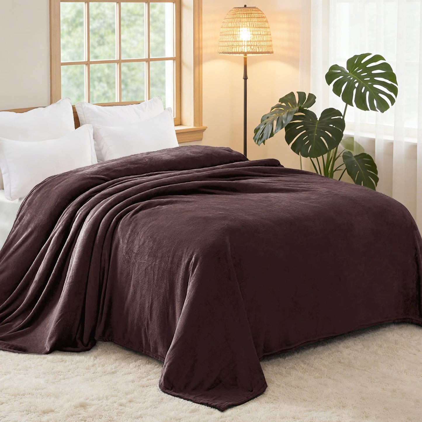 Exclusivo Mezcla Queen Size Flannel Fleece Velvet Plush Bed Blanket as Bedspread, Coverlet, Bed Cover (90x90 inches, Coffee) Soft, Lightweight, Warm and Cozy