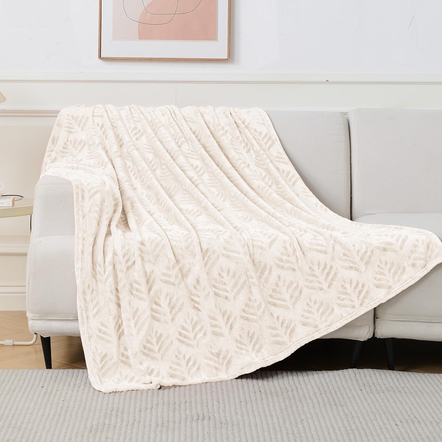 Exclusivo Mezcla King Size Fleece Blanket for Bed, Leaves Pattern Super Soft and Cozy Blankets, Plush Fuzzy Lightweight, Ivory, 90"x104"