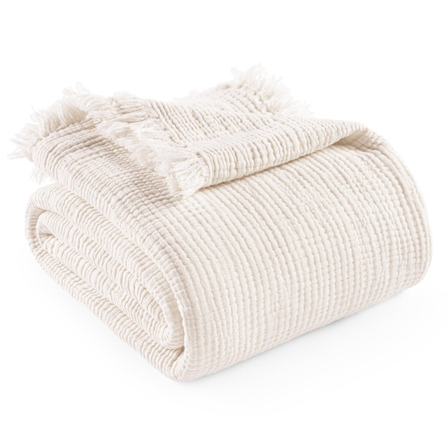 Exclusivo Mezcla 100% Cotton Muslin Throw Blanket , 4 Layers Breathable and Lightweight Gauze Blankets with Fringes for Couch, Soft, Decorative, 50"x70", White