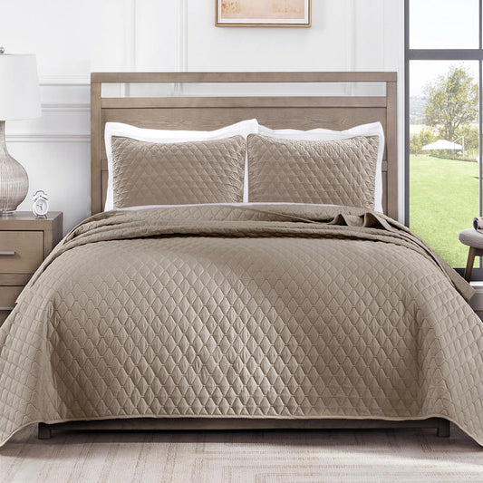 Exclusivo Mezcla Reversible Full Queen Quilt Bedding Set with Pillow Shams, Lightweight Quilts Queen Size, Soft Bedspreads Bed Coverlets for All Seasons - (Taupe, 90"x96")