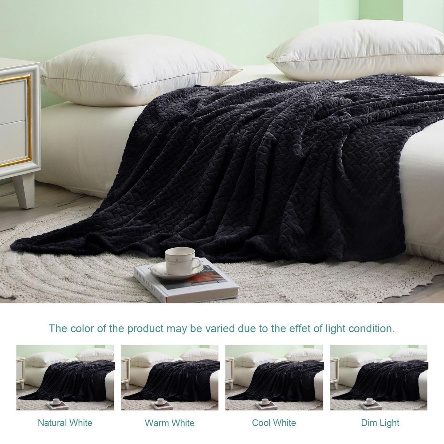 Exclusivo Mezcla Fleece Twin Size Blanket for Bed, 60x80 Inches Soft Cozy Jacquard Flannel Blankets, Lightweight Fuzzy Plush Warm for Women, Black