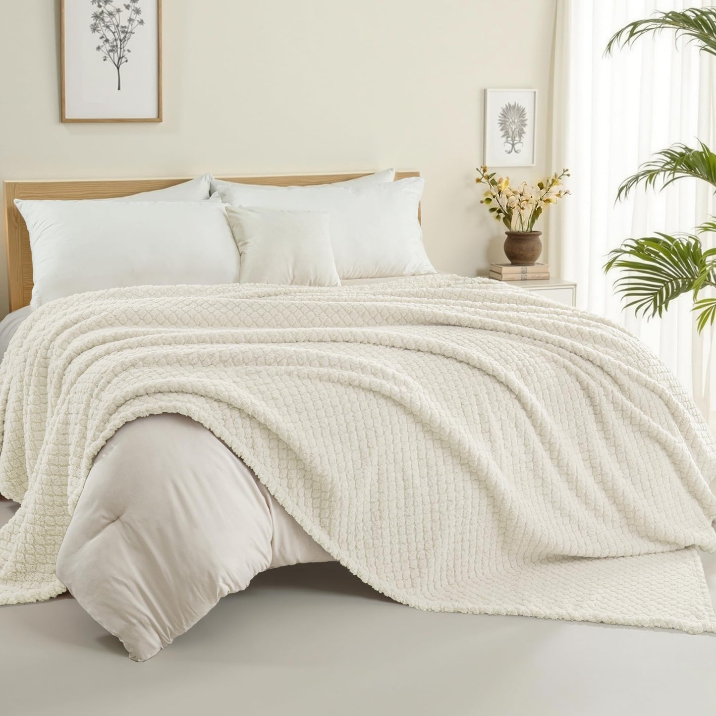 Exclusivo Mezcla Queen Size Flannel Fleece Blanket, Super Soft Jacquard Bed Blanket, Lightweight Fuzzy Warm for All Seasons, 90x90 Inches, Ivory