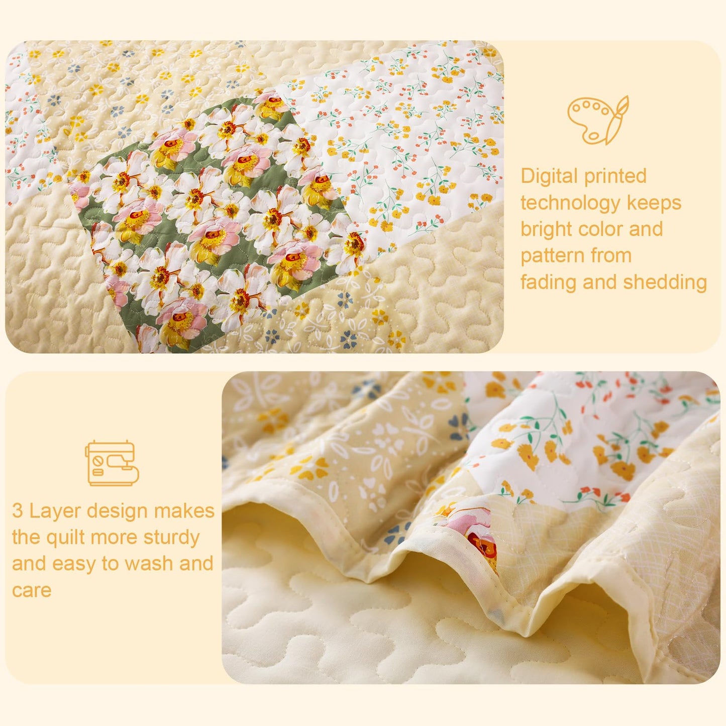 Exclusivo Mezcla Reversible Boho California King Quilt, Yellow Soft Bedspreads Lightweight Coverlet All Season Patchwork Quilts Bedding Set with Printed Floral Pattern (1 Quilt, 2 Pillow Shams)