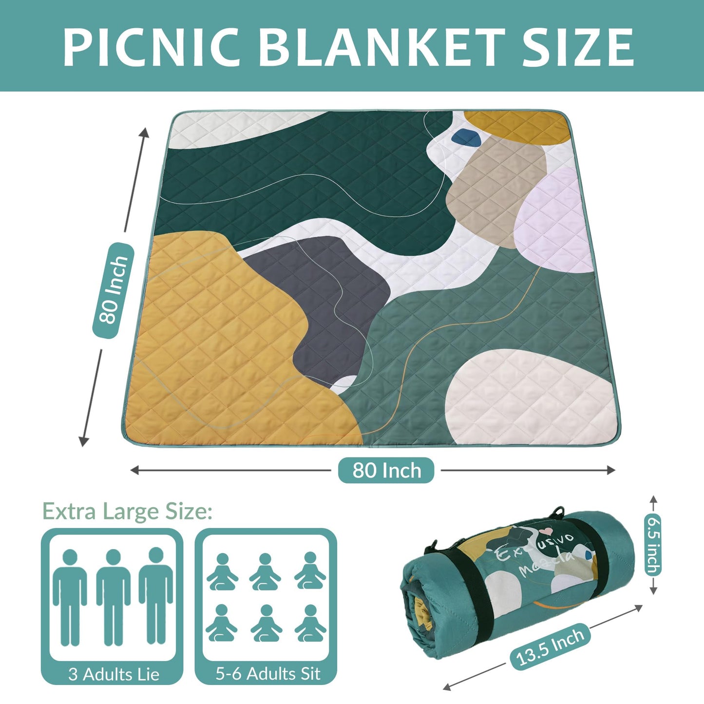 Exclusivo Mezcla Waterproof Picnic Blankets 3-Layer 80"x 80" Large Sandproof Beach Blanket Foldable Outdoor Blanket for Camping on Grass Picnic Mat, Abstract Green