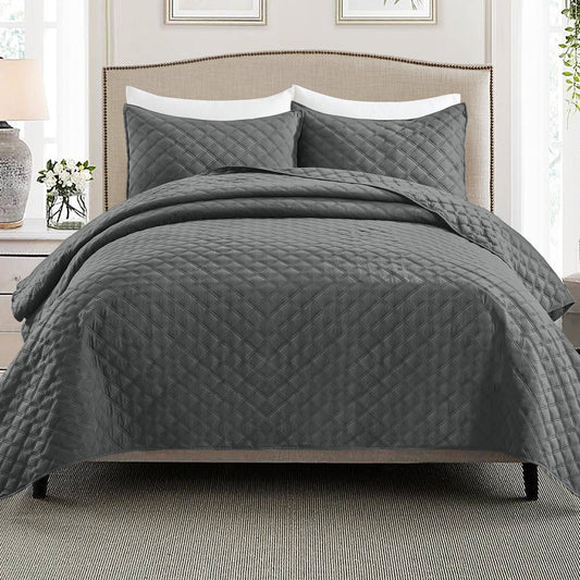 Exclusivo Mezcla 2-Piece Gray Twin Size Quilt Set, Box Pattern Ultrasonic Lightweight and Soft Quilts/Bedspreads/Coverlets/Bedding Set (1 Quilt, 1 Pillow Sham) for All Seasons