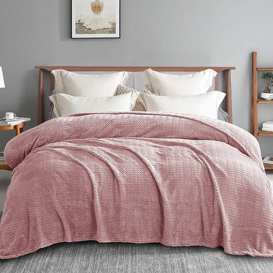 Exclusivo Mezcla King Size Jacquard Weave Wave Pattern Flannel Fleece Velvet Plush Bed Blanket as Bedspread/Coverlet/Bed Cover (90" x 104",Pink) - Soft, Lightweight, Warm and Cozy